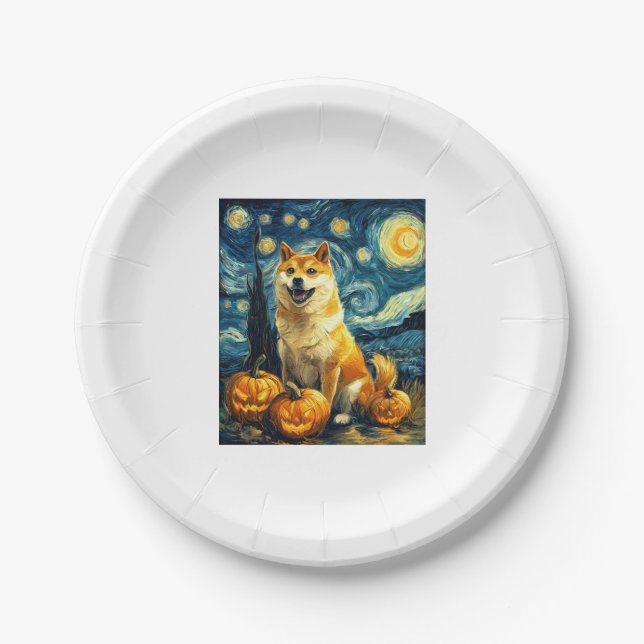 Shiba Inu Cute Dog Halloween Jack O Lantern Pumpki Paper Plate (Front)