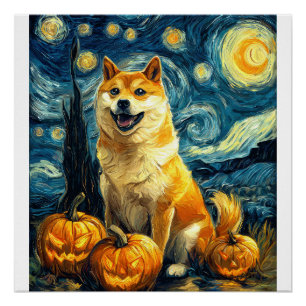 Shiba Inu Cute Dog Halloween Jack O Lantern Pumpki Poster