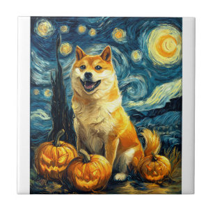 Shiba Inu Cute Dog Halloween Jack O Lantern Pumpki Tile