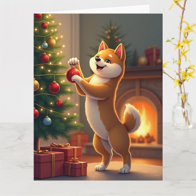 Shiba Inu Decorating the Christmas Tree Painting Card (Yellow Flower)