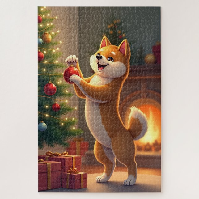 Shiba Inu Decorating the Christmas Tree Painting Jigsaw Puzzle (Vertical)