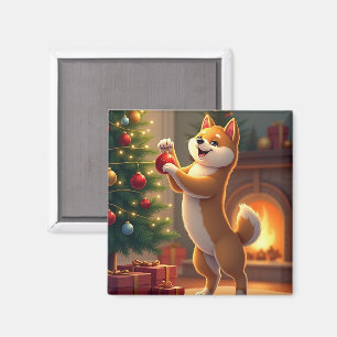 Shiba Inu Decorating the Christmas Tree Painting Magnet