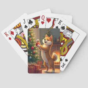 Shiba Inu Decorating the Christmas Tree Painting Playing Cards