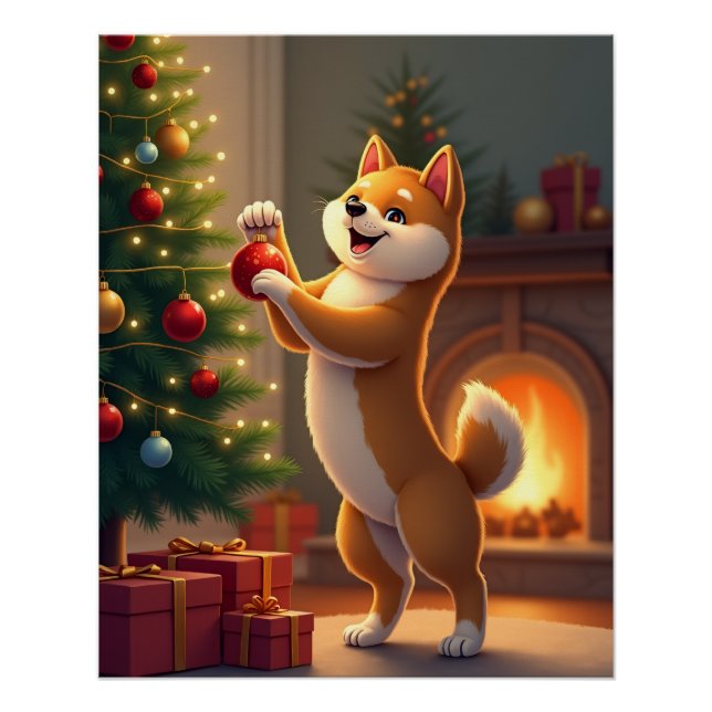Shiba Inu Decorating the Christmas Tree Painting Poster (Front)