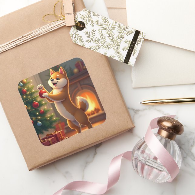 Shiba Inu Decorating the Christmas Tree Painting Square Sticker (Gifting)