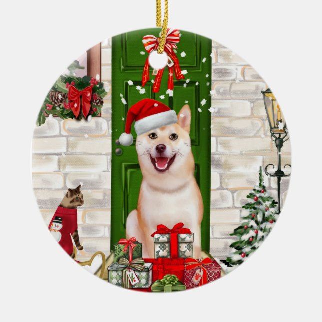 Shiba Inu Dog Christmas Ceramic Tree Decoration (Front)