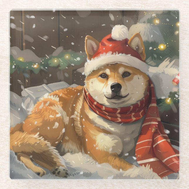 Shiba Inu Dog Christmas Festive Glass Coaster (Front)