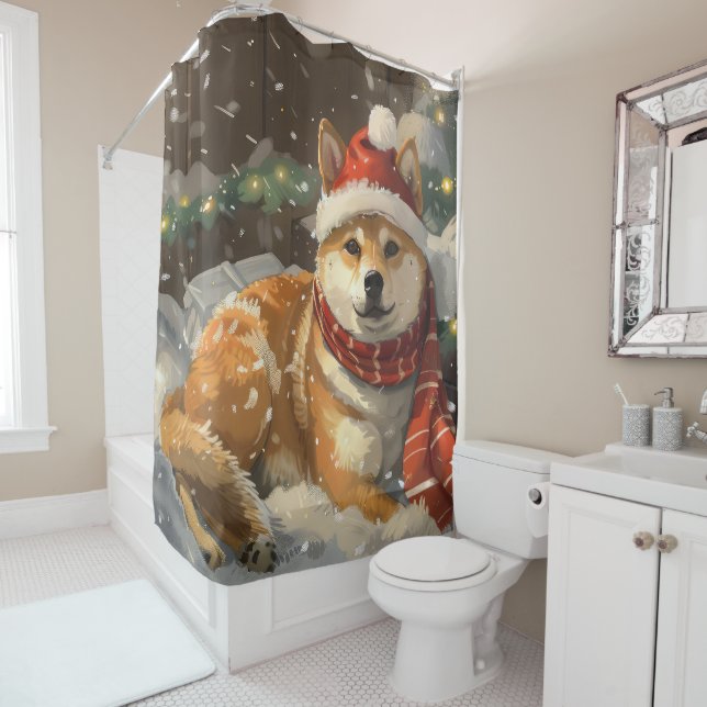 Shiba Inu Dog Christmas Festive Shower Curtain (In Situ)
