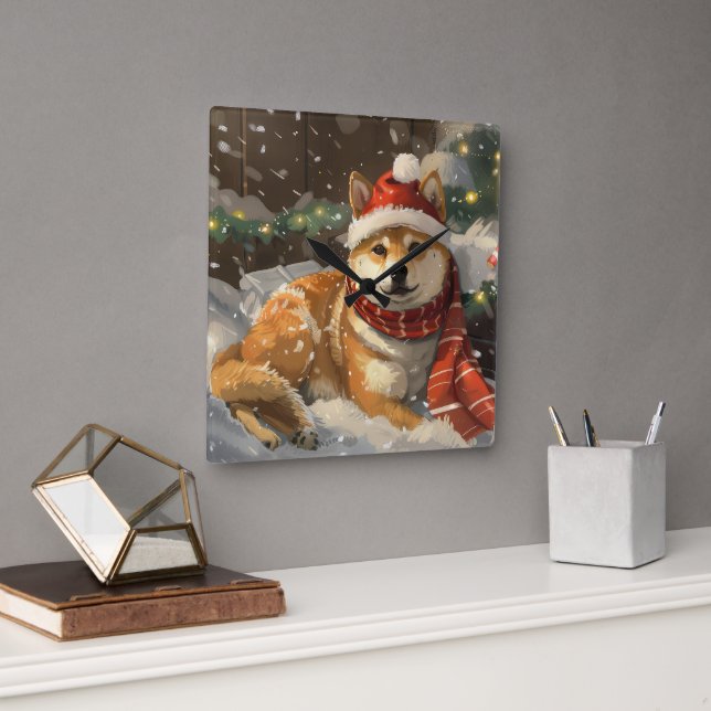 Shiba Inu Dog Christmas Festive Square Wall Clock (Office)