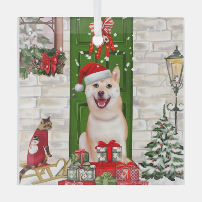 Shiba Inu Dog Christmas  Glass Tree Decoration (Front)