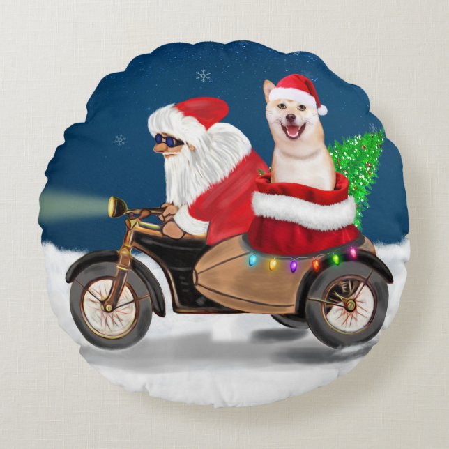 Shiba Inu Dog Christmas Santa Claus   Round Cushion (Front)