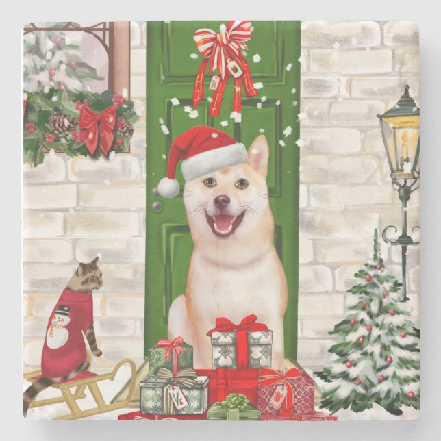 Shiba Inu Dog Christmas  Stone Coaster (Front)