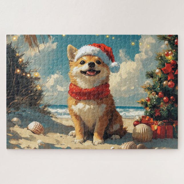 Shiba Inu Dog Christmas Vintage Beach Jigsaw Puzzle (Horizontal)
