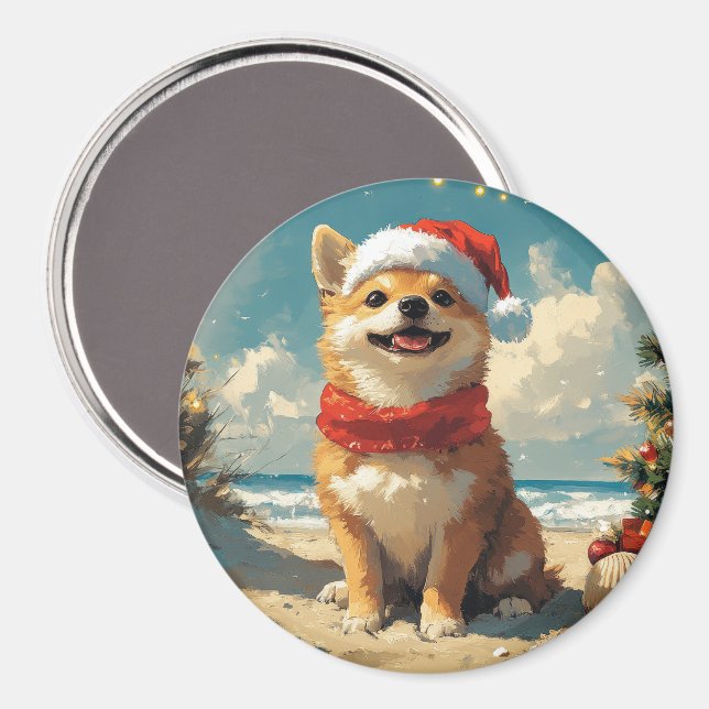 Shiba Inu Dog Christmas Vintage Beach Magnet (Front/Back)