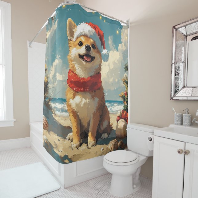 Shiba Inu Dog Christmas Vintage Beach Shower Curtain (In Situ)