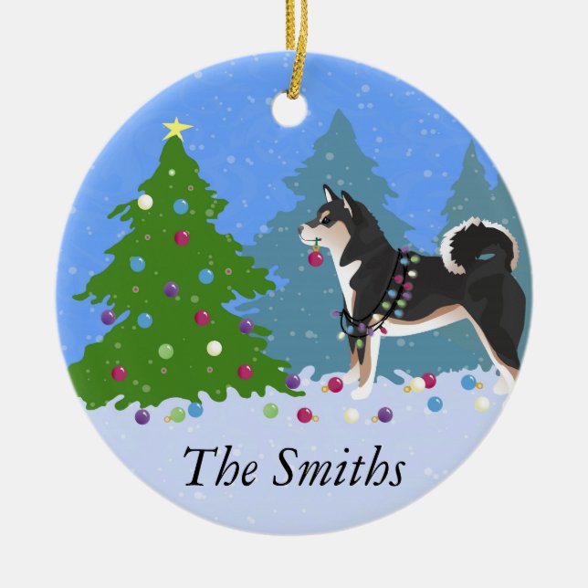 Shiba Inu Dog Decorating Christmas Tree Ceramic Tree Decoration (Front)