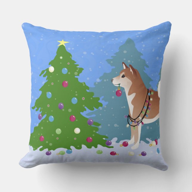 Shiba Inu Dog Decorating Christmas Tree Cushion (Front)
