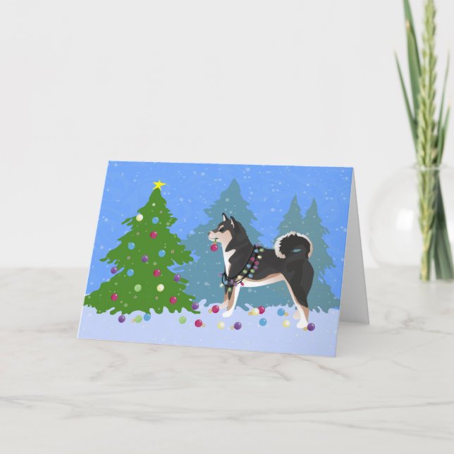 Shiba Inu Dog Decorating Christmas Tree Holiday Card (Front)