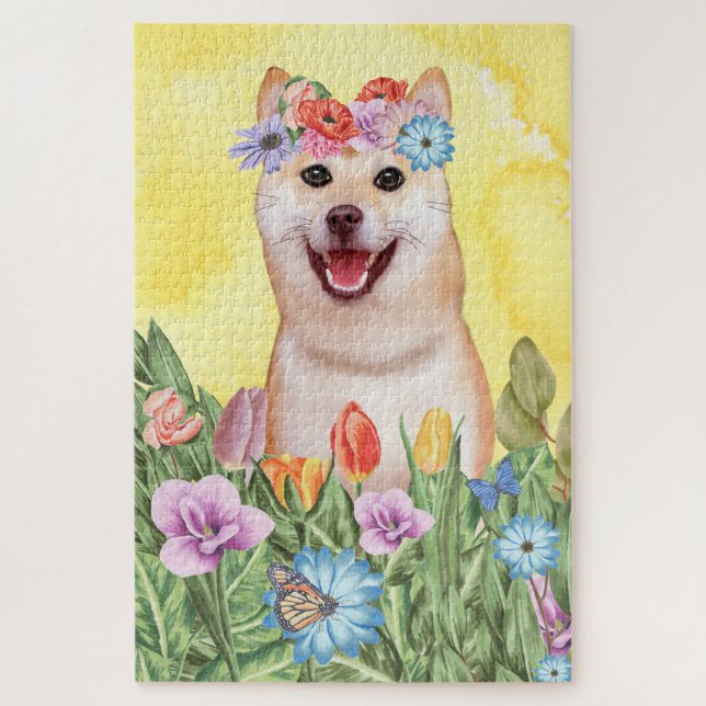 Shiba Inu Dog Flowers Jigsaw Puzzle (Vertical)