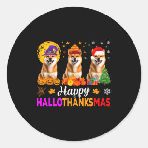 Shiba Inu Dog Halloween Christmas Hallothanksmas Classic Round Sticker