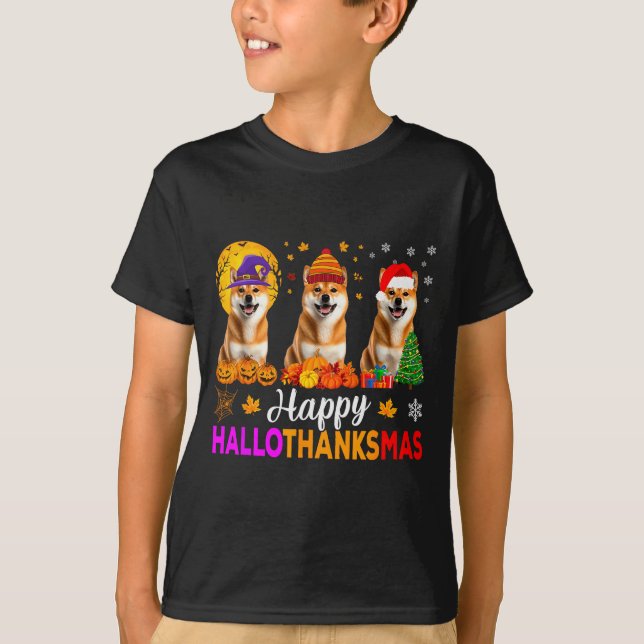 Shiba Inu Dog Halloween Christmas Hallothanksmas  T-Shirt (Front)