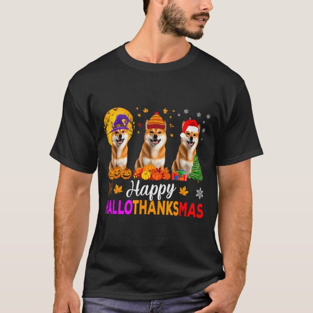 Shiba Inu Dog Halloween Christmas Hallothanksmas  T-Shirt (Front)
