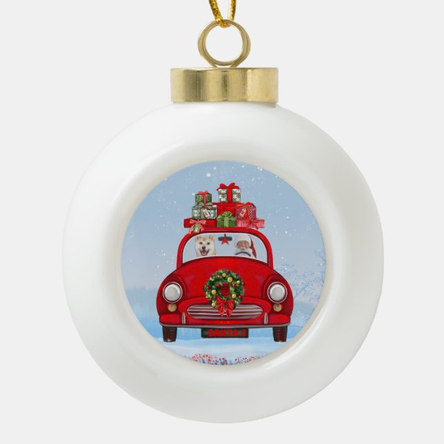Shiba Inu Dog In Car With Santa Claus Ceramic Ball Christmas Ornament (Front)