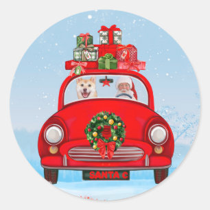 Shiba Inu Dog In Car With Santa Claus Classic Round Sticker