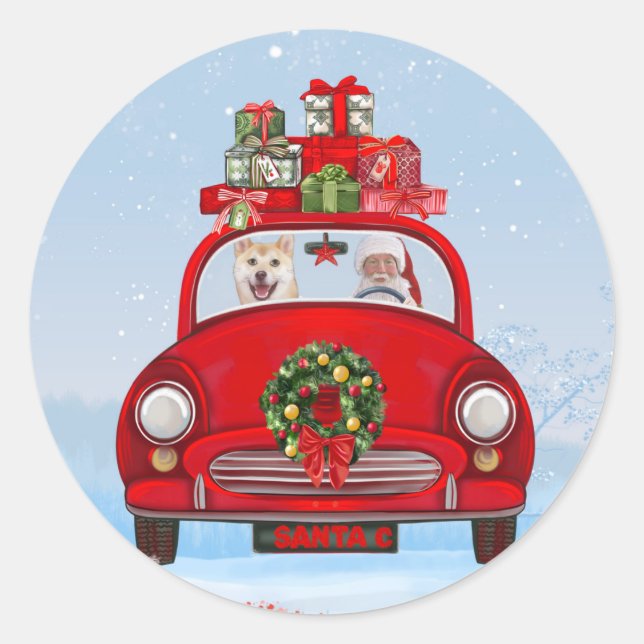 Shiba Inu Dog In Car With Santa Claus  Classic Round Sticker (Front)