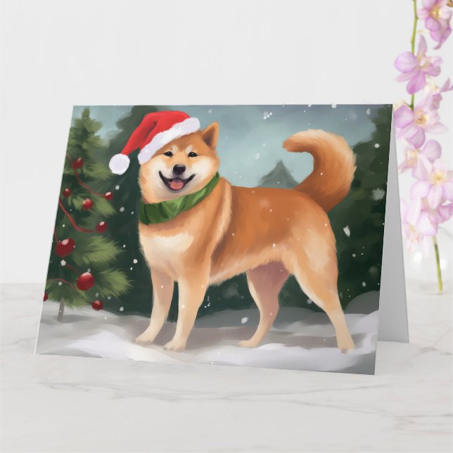 Shiba Inu Dog in Snow Christmas Card (Orchid)