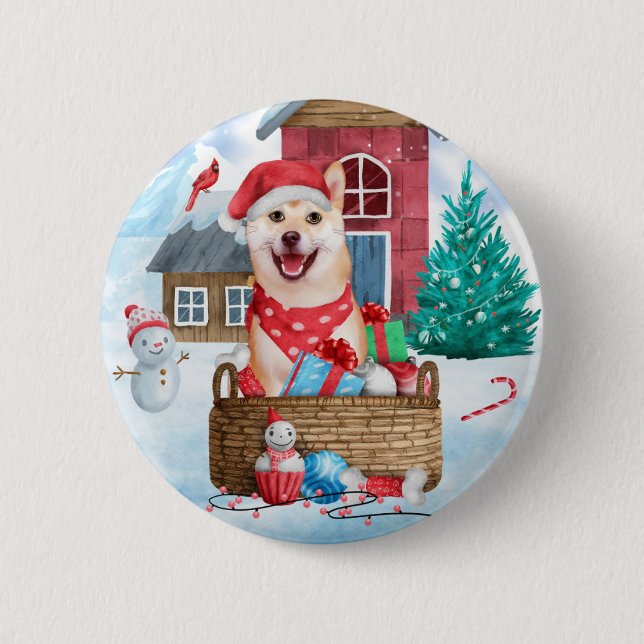 Shiba Inu Dog In snow Christmas Dog House 6 Cm Round Badge (Front)