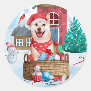 Shiba Inu Dog In snow Christmas Dog House Classic Round Sticker