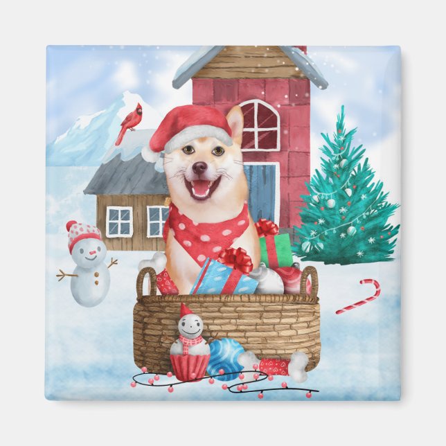 Shiba Inu Dog In snow Christmas Dog House Magnet (Front)