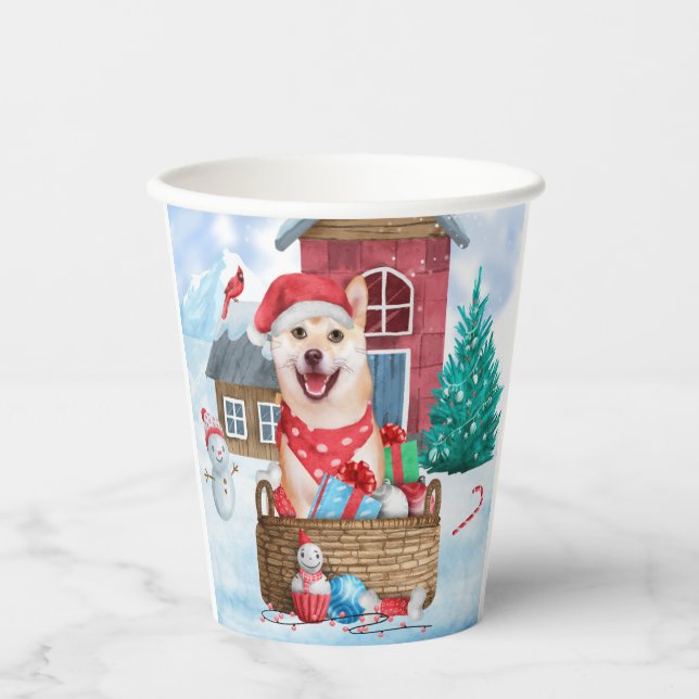 Shiba Inu Dog In snow Christmas Dog House Paper Cups (Front)