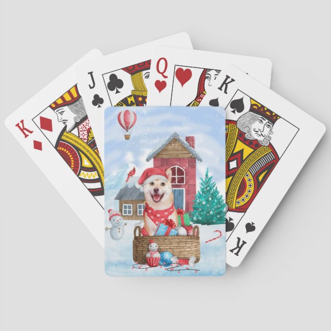 Shiba Inu Dog In snow Christmas Dog House Playing Cards (Back)