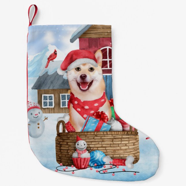 Shiba Inu Dog In snow Christmas Dog House Small Christmas Stocking (Front)