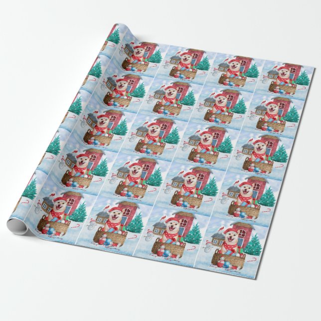 Shiba Inu Dog In snow Christmas Dog House Wrapping Paper (Unrolled)