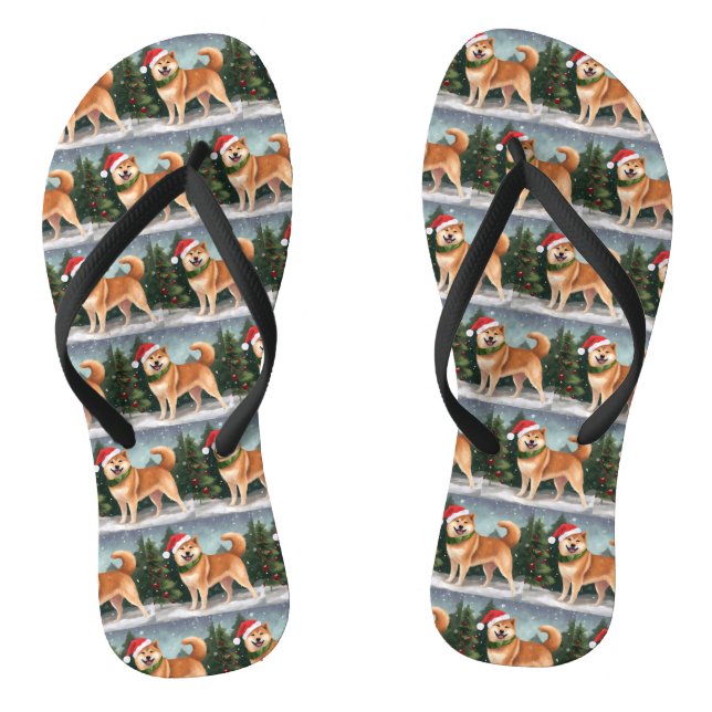 Shiba Inu Dog in Snow Christmas Flip Flops (Footbed)