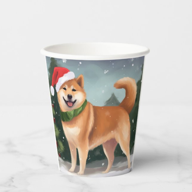 Shiba Inu Dog in Snow Christmas Paper Cups (Front)