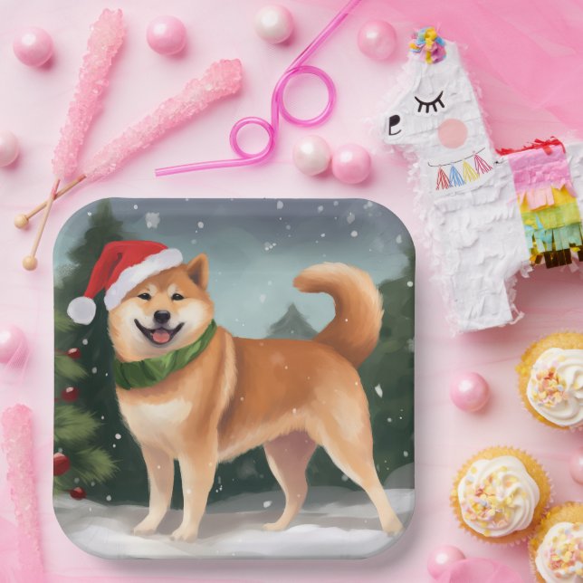 Shiba Inu Dog in Snow Christmas Paper Plate (Party)