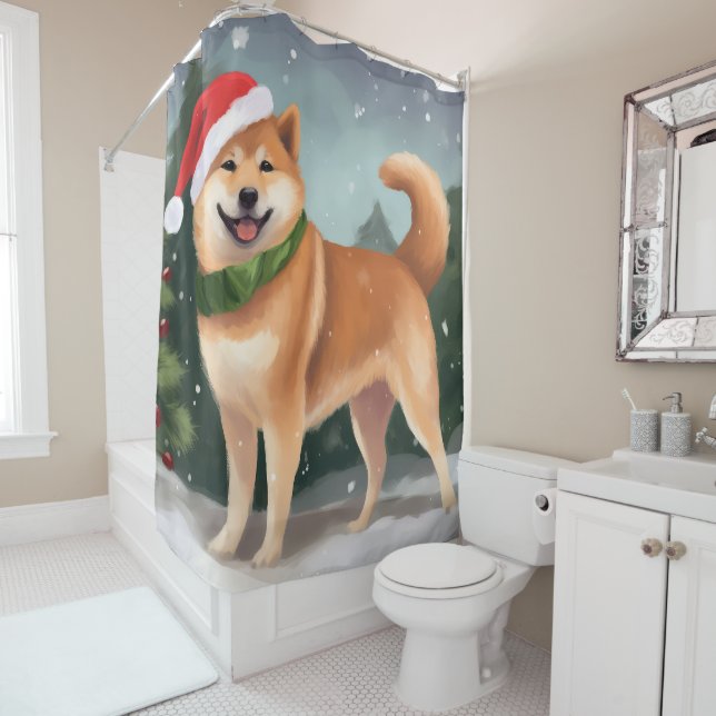 Shiba Inu Dog in Snow Christmas Shower Curtain (In Situ)