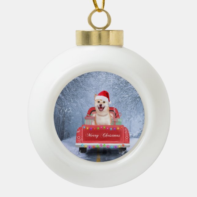 Shiba Inu Dog in Snow sitting in Christmas Truck  Ceramic Ball Christmas Ornament (Front)