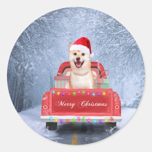 Shiba Inu Dog in Snow sitting in Christmas Truck Classic Round Sticker (Front)