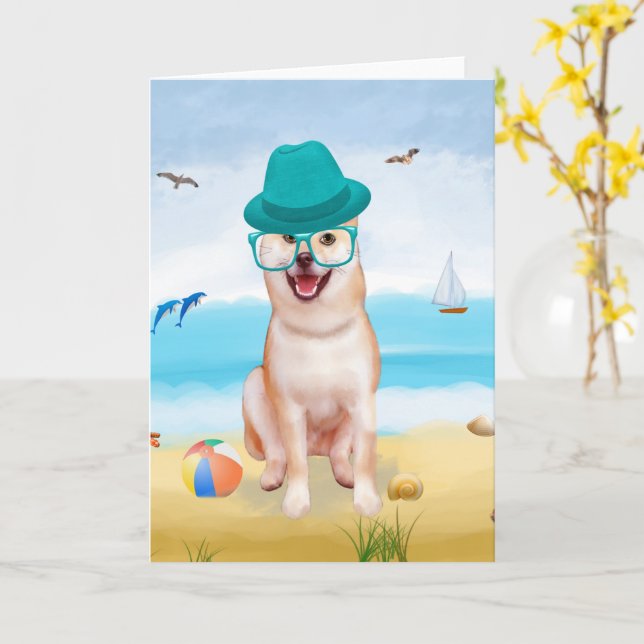 Shiba Inu Dog on Beach  Card (Yellow Flower)
