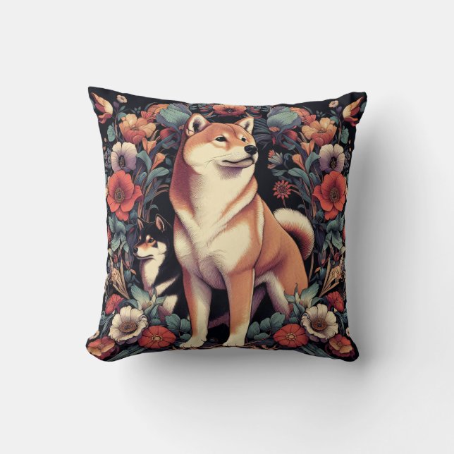 Shiba Inu Dog Pillow William Morris Inspired (Front)