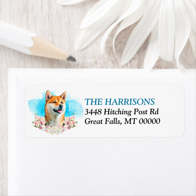 Shiba Inu Dog Pink Floral Return Address (Insitu)