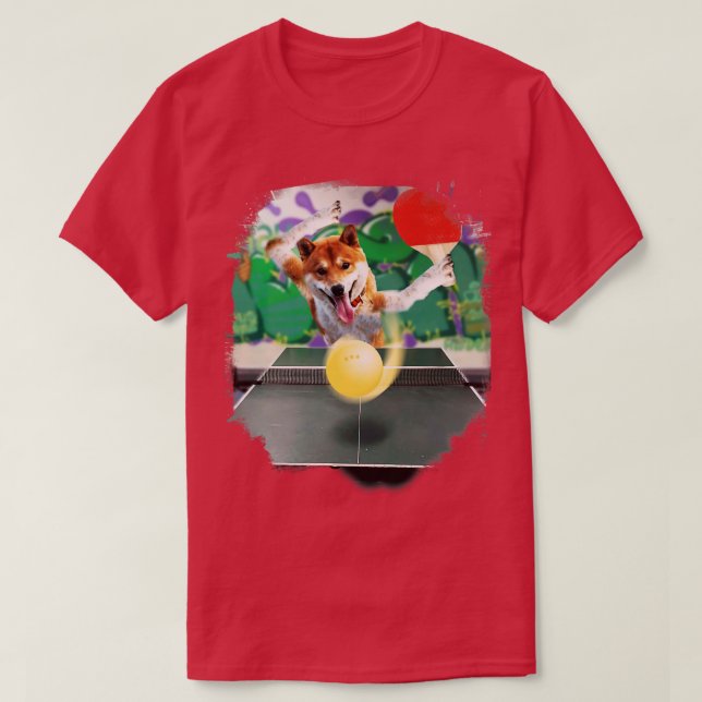 Shiba Inu Dog Playing Table Tennis Ping Pong T-Shirt (Design Front)