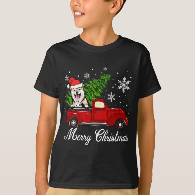 Shiba Inu Dog Riding Red Truck Christmas Decoratio T-Shirt (Front)