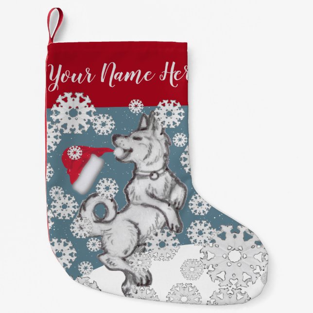 Shiba Inu Dog Santa Hat Blue Winter Snowflakes Small Christmas Stocking (Front)