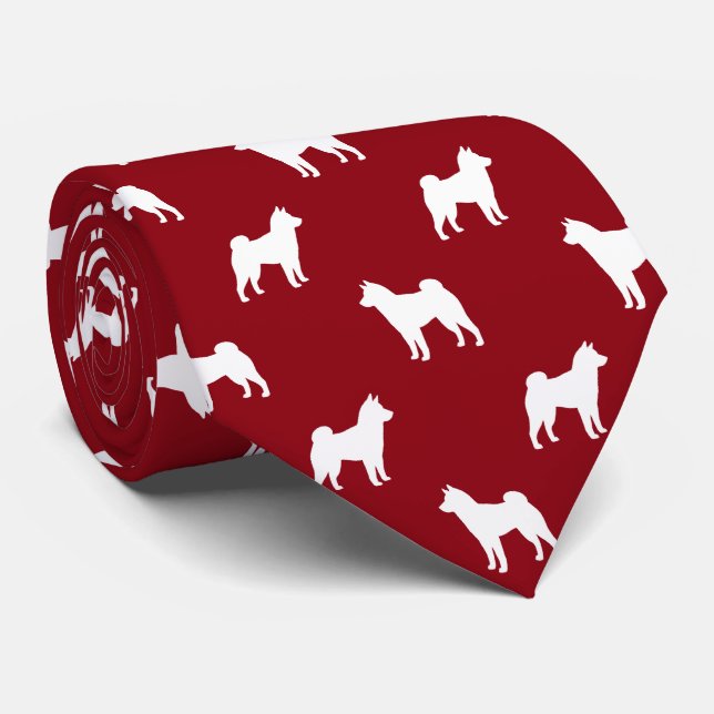 Shiba Inu Dog Silhouettes Pattern Red and White Tie (Rolled)